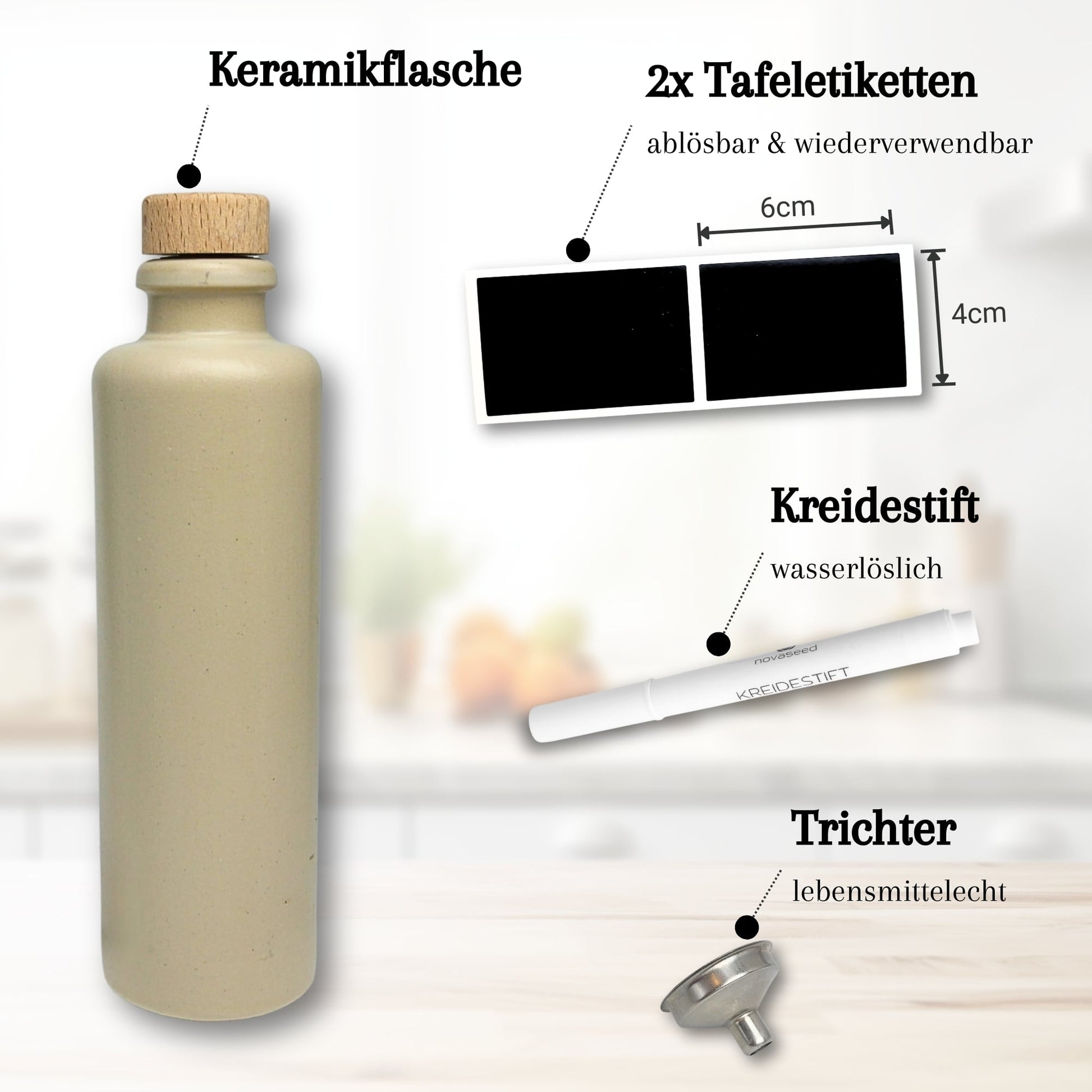 200ml Ölflasche/Essigflasche Keramik - mit Ausgießer, Trichter, Tafeletikett und Kreidestift novaseed