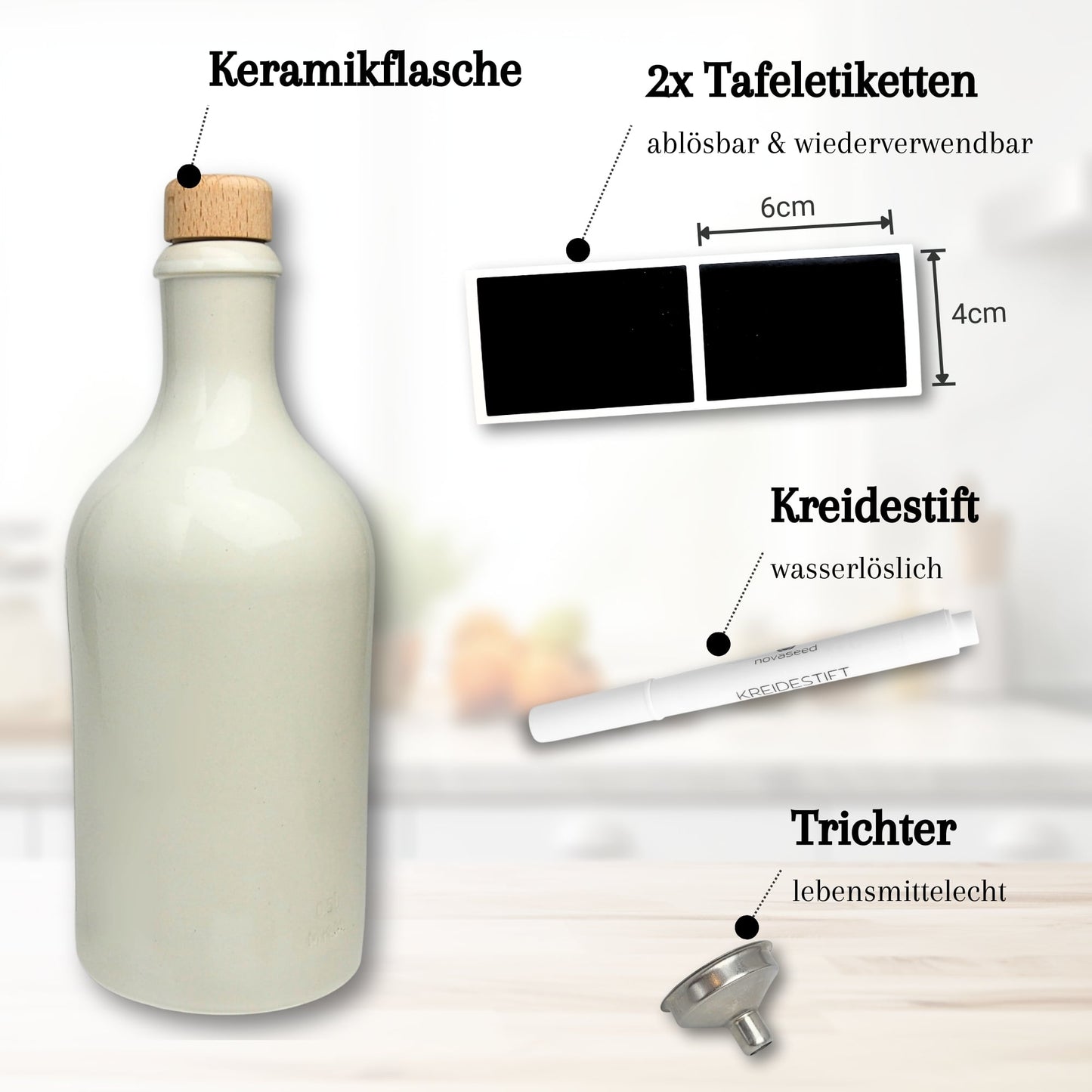 500ml Ölflasche/Essigflasche Keramik - mit Ausgießer, Trichter, Tafeletikett und Kreidestift novaseed