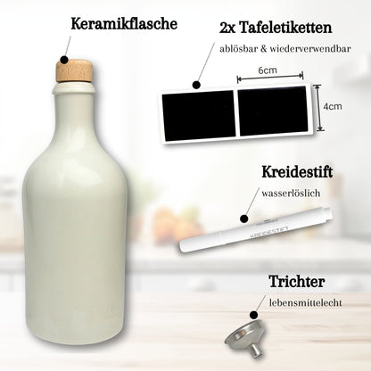 500ml Ölflasche/Essigflasche Keramik - mit Ausgießer, Trichter, Tafeletikett und Kreidestift novaseed