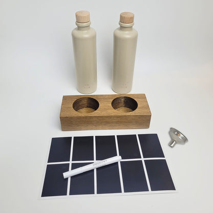 Keramik Ölflaschen Set mit Flaschenhalter aus Holz