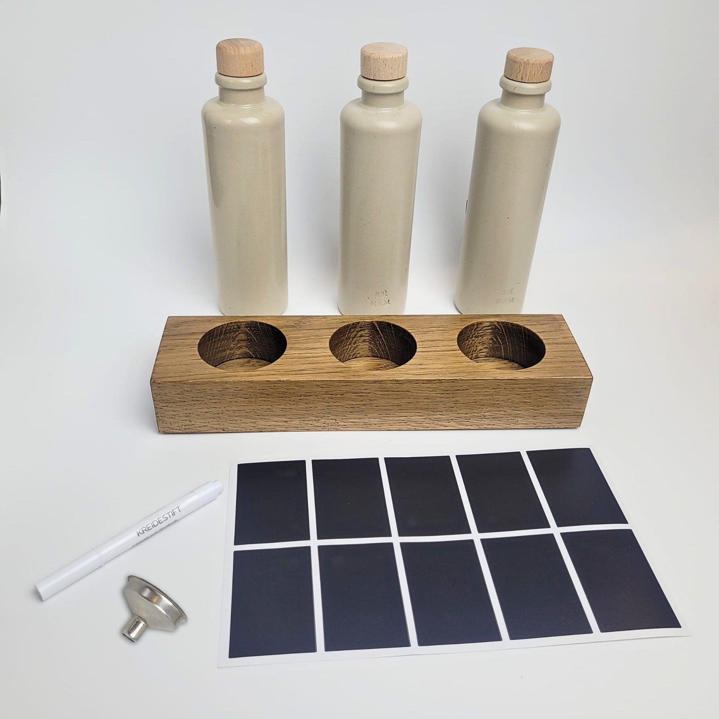 Keramik Ölflaschen Set mit Flaschenhalter aus Holz