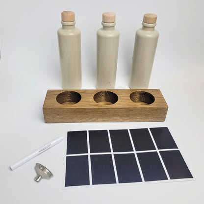 Keramik Ölflaschen Set mit Flaschenhalter aus Holz