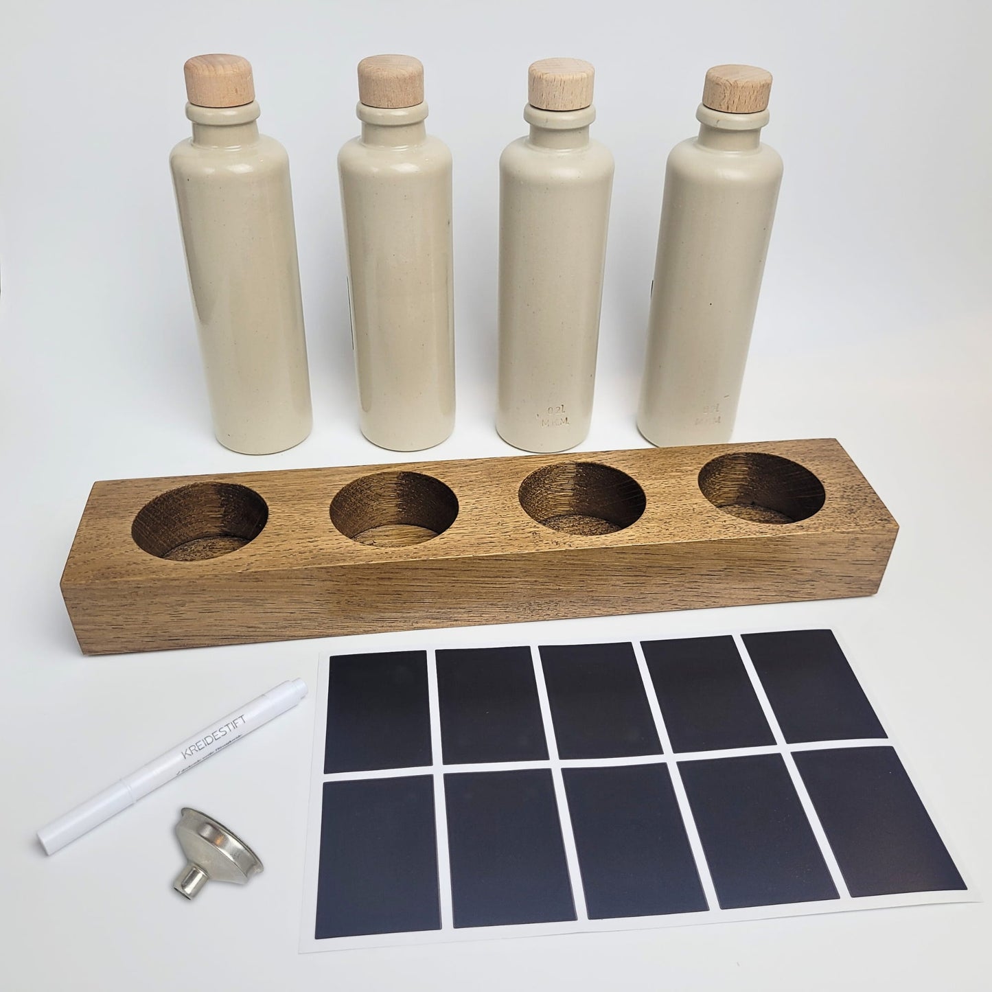 Keramik Ölflaschen Set mit Flaschenhalter aus Holz