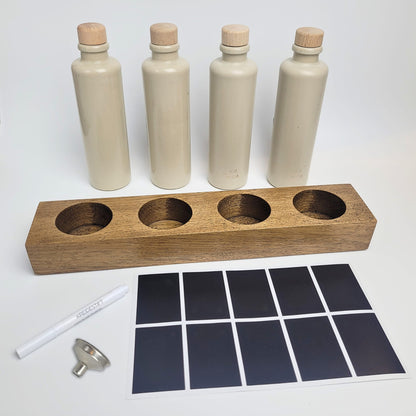 Keramik Ölflaschen Set mit Flaschenhalter aus Holz