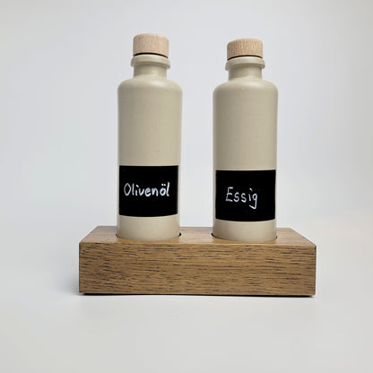 Keramik Ölflaschen Set mit Flaschenhalter aus Holz