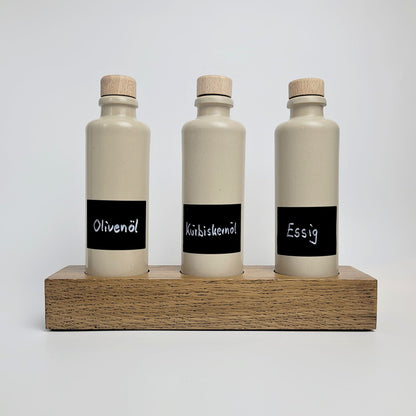 Keramik Ölflaschen Set mit Flaschenhalter aus Holz