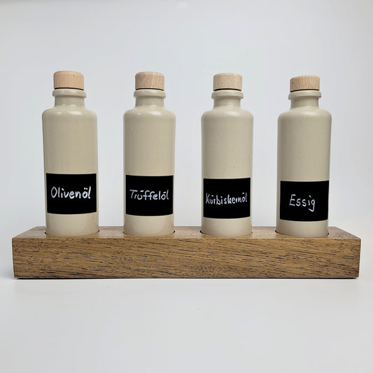 Keramik Ölflaschen Set mit Flaschenhalter aus Holz