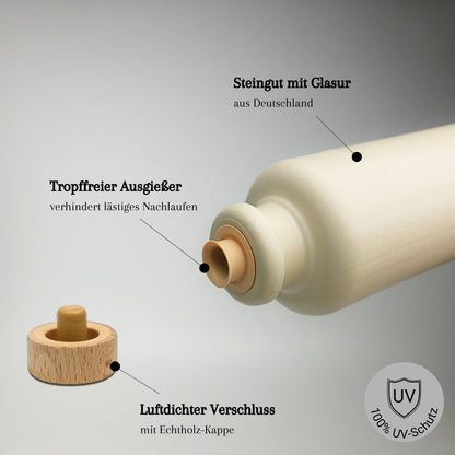 Keramik Ölflaschen Set mit Flaschenhalter aus Holz
