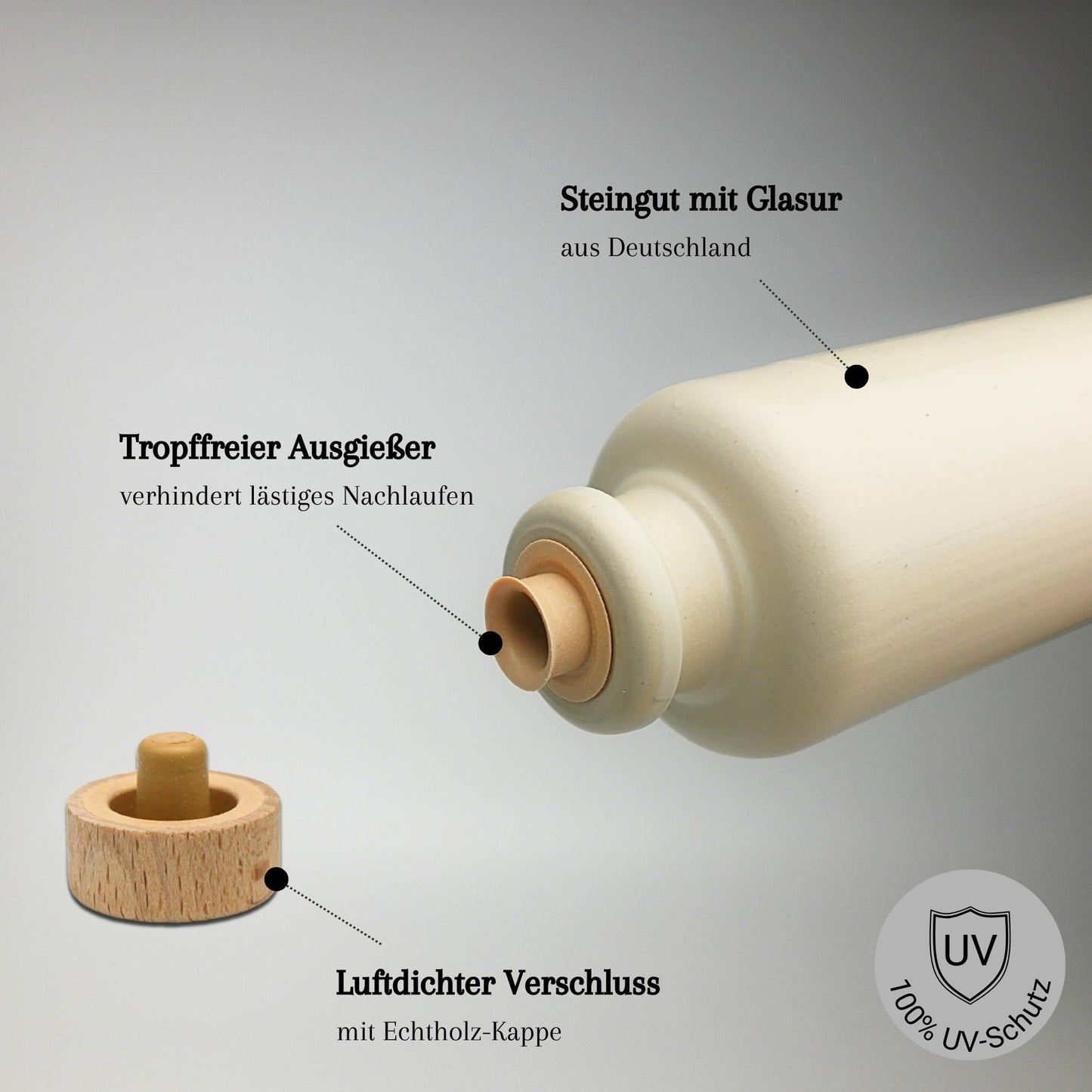 Keramik Ölflaschen Set mit Flaschenhalter aus Holz