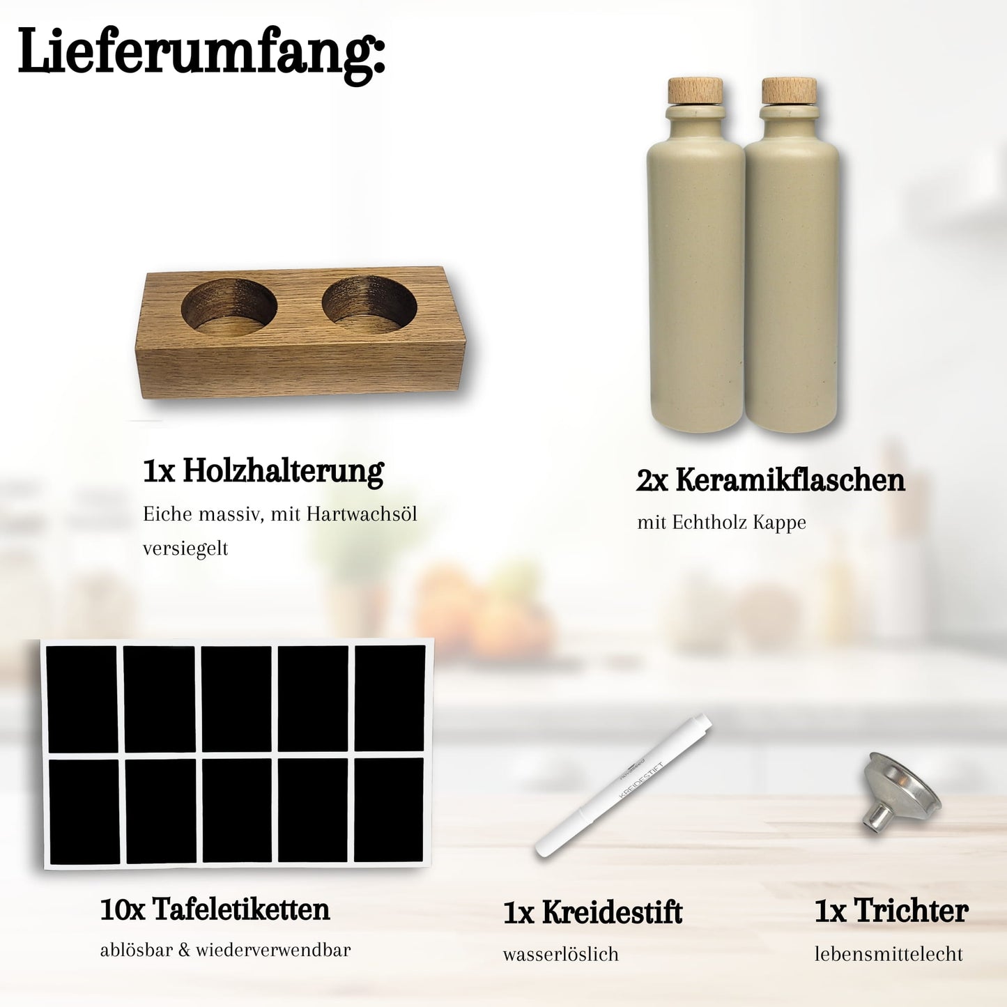 Keramik Ölflaschen Set mit Flaschenhalter aus Holz