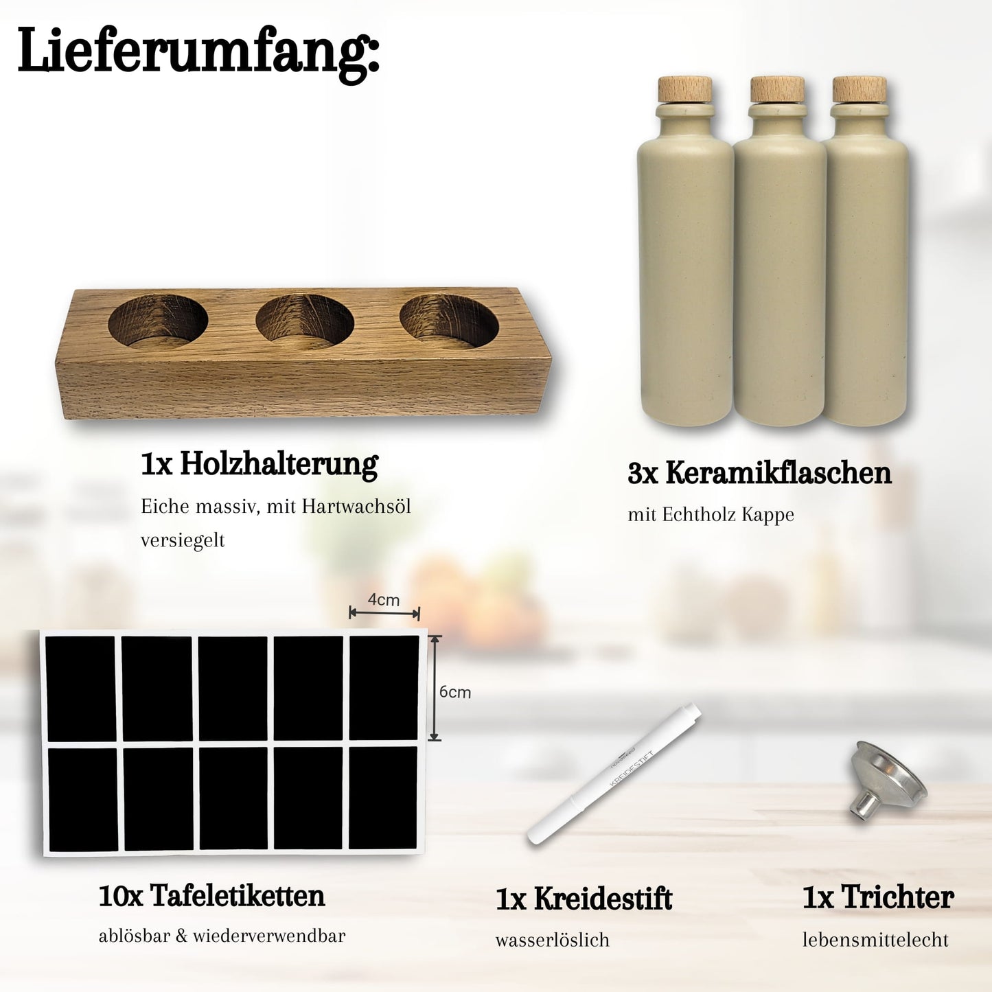 Keramik Ölflaschen Set mit Flaschenhalter aus Holz