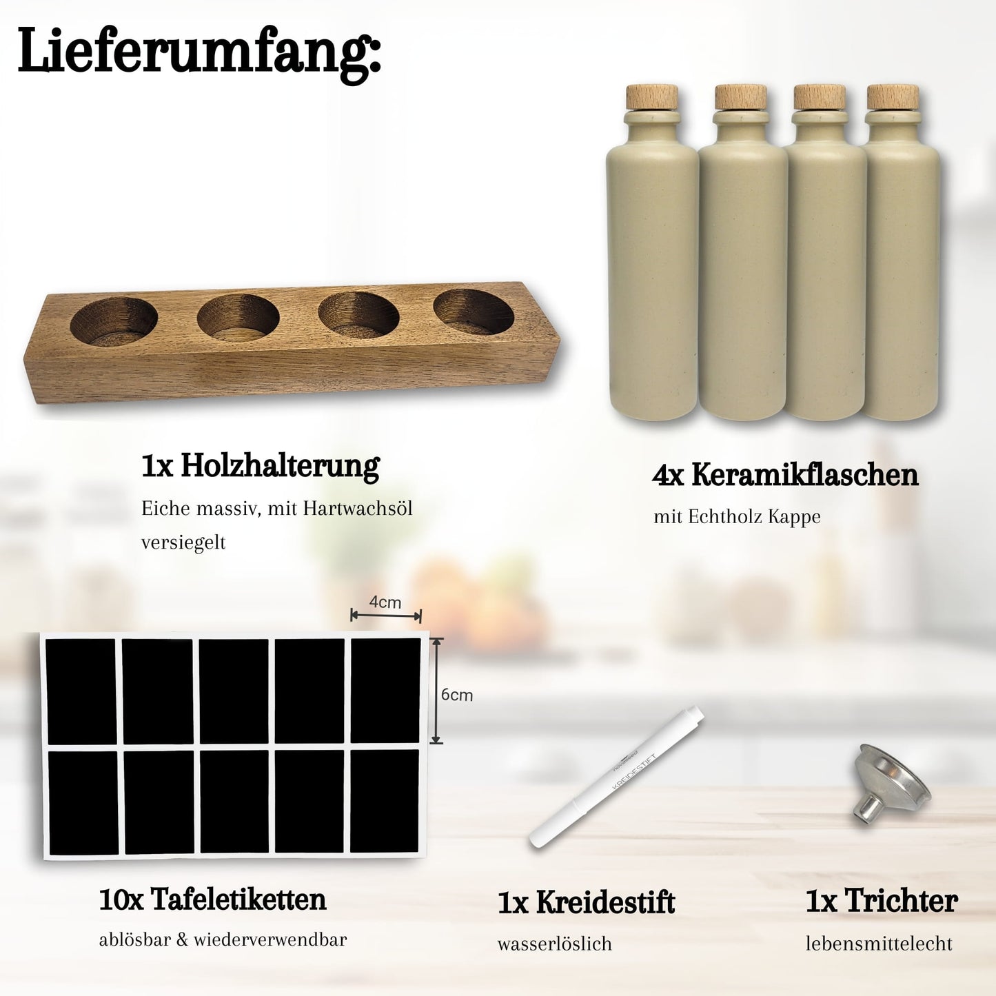 Keramik Ölflaschen Set mit Flaschenhalter aus Holz