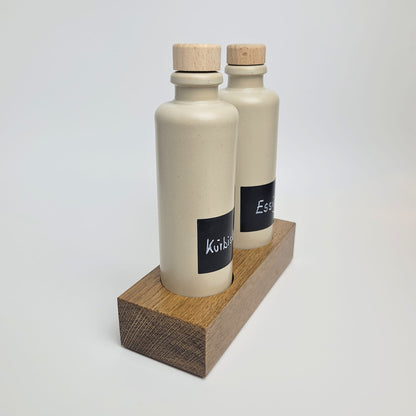Keramik Ölflaschen Set mit Flaschenhalter aus Holz