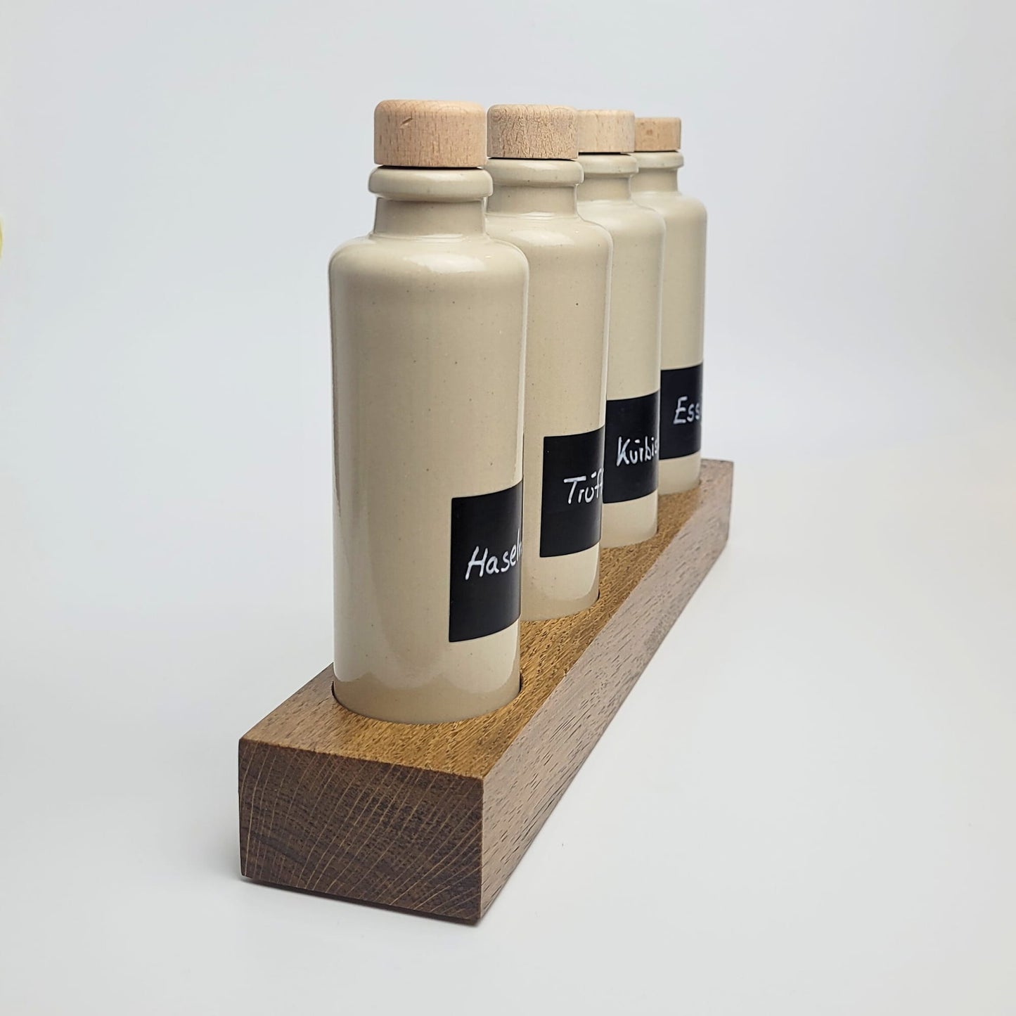 Keramik Ölflaschen Set mit Flaschenhalter aus Holz