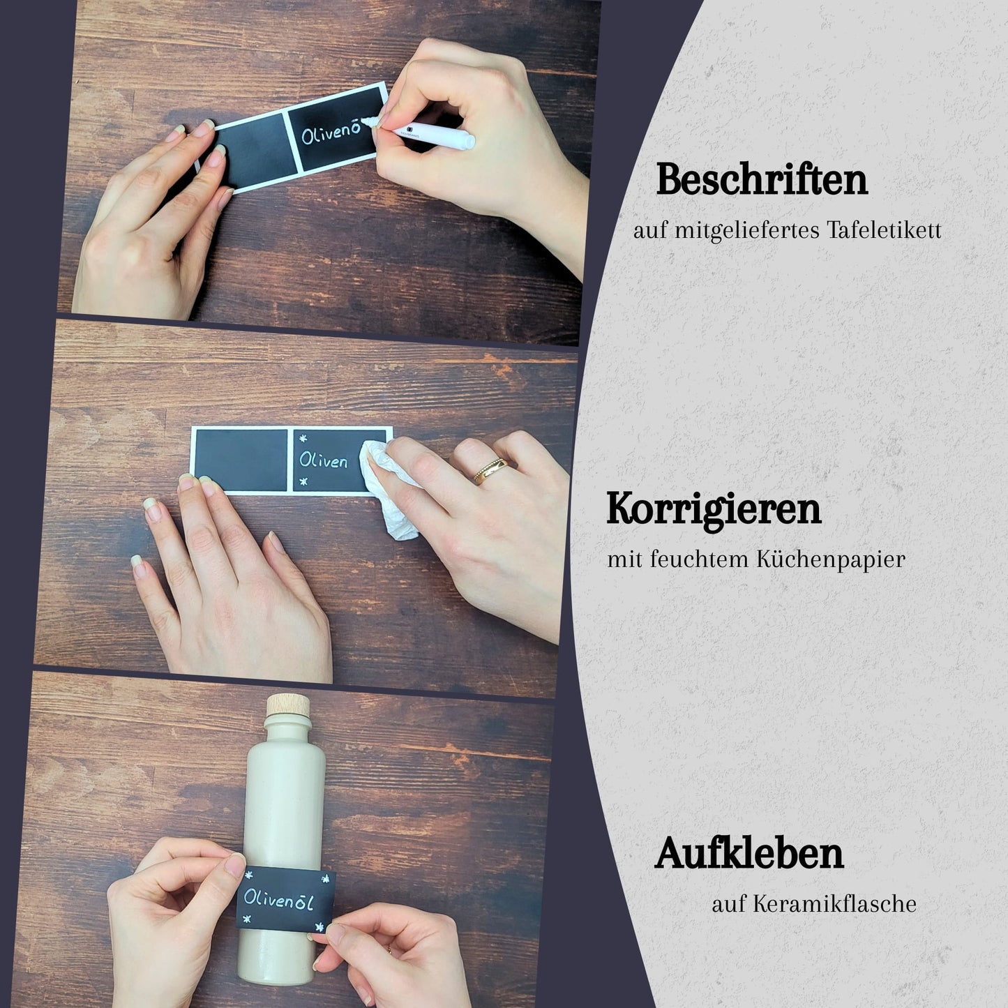 Keramik Ölflaschen Set mit Flaschenhalter aus Holz