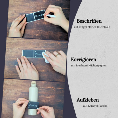 Keramik Ölflaschen Set mit Flaschenhalter aus Holz